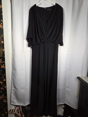 Donna Karan Black Stretch Jersey Wide Leg Jumpsuit Women's 10 Draped 3/4 Sleeve